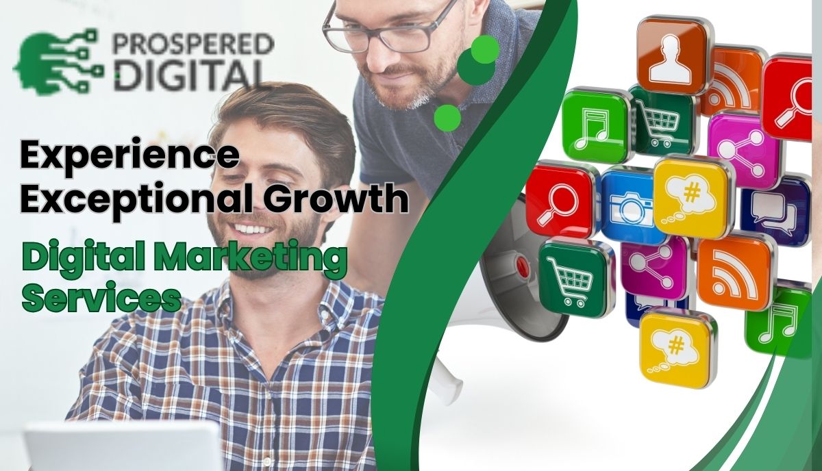 This image showing how digital marketing helps businesses to grow with help of different icons of digital marketing in white and green template.