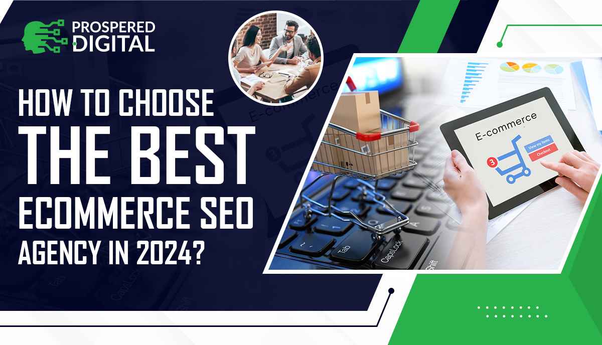 This image is showing the text "How To Choose The Best E-commerce SEO Agency In 2024?" with the image of the tablet with green, blue and white background color.