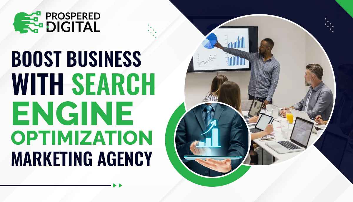 This image is showing the text "Boost Business With Search Engine Optimization Marketing Agency" with the image of the office and white background.