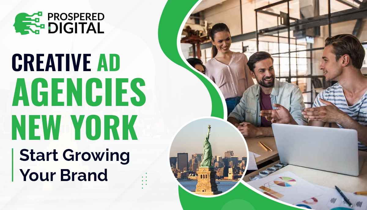 This is image is showing text "Creative Ad Agencies New York | Start Growing Your Brand" & a group of people looking at a laptop