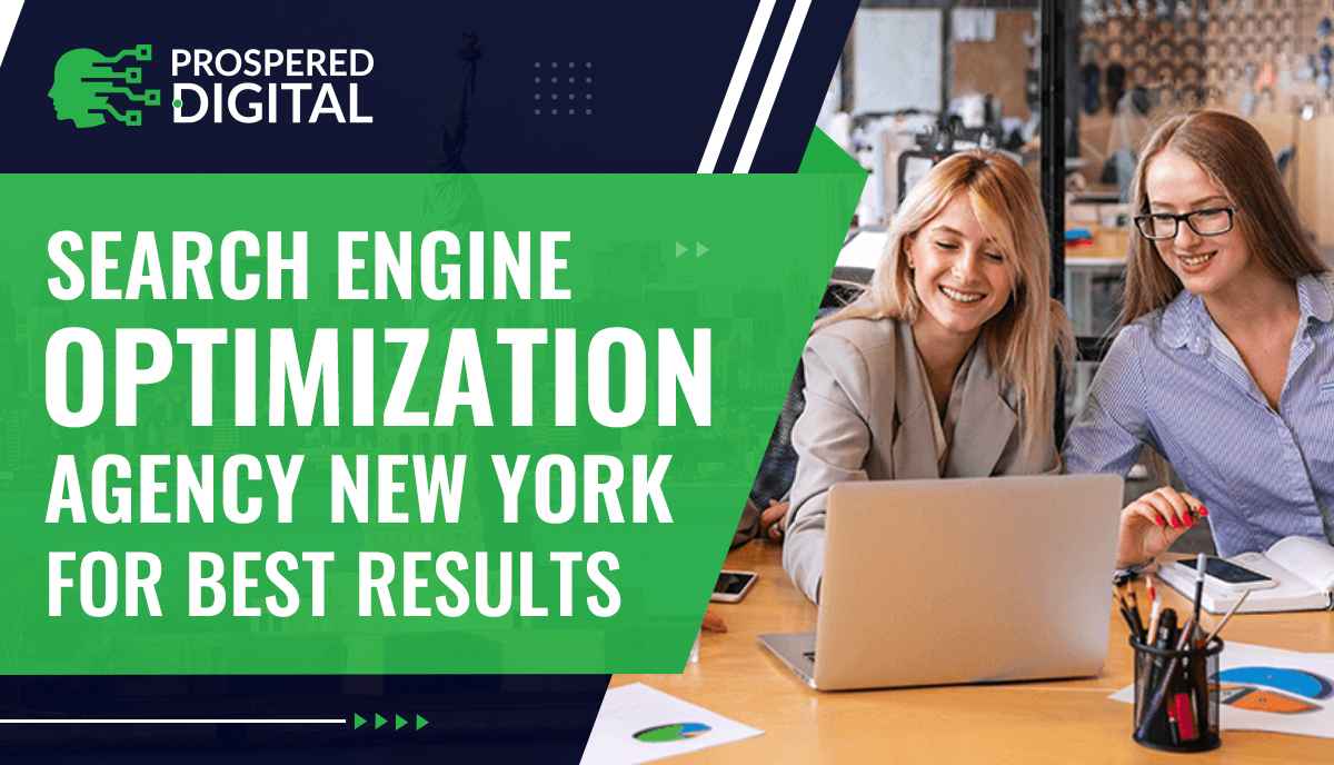 Image is showing text "Search Engine Optimization Agency New York For Best Results" and two beautiful girls are disscusing on their project by seeing on the laptop.