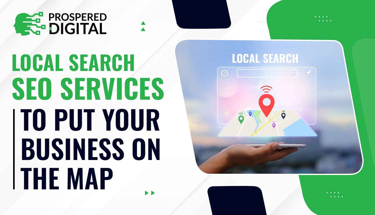 Local Search SEO Services To Put Your Business On The Map and a hand holding a tablet.