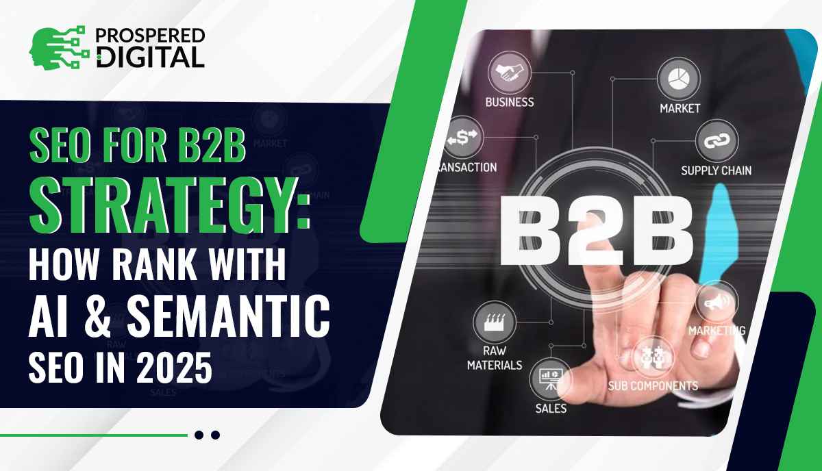 SEO For B2B Strategy: How to Rank With AI & Semantic SEO In 2025 and a hand pressing a button.