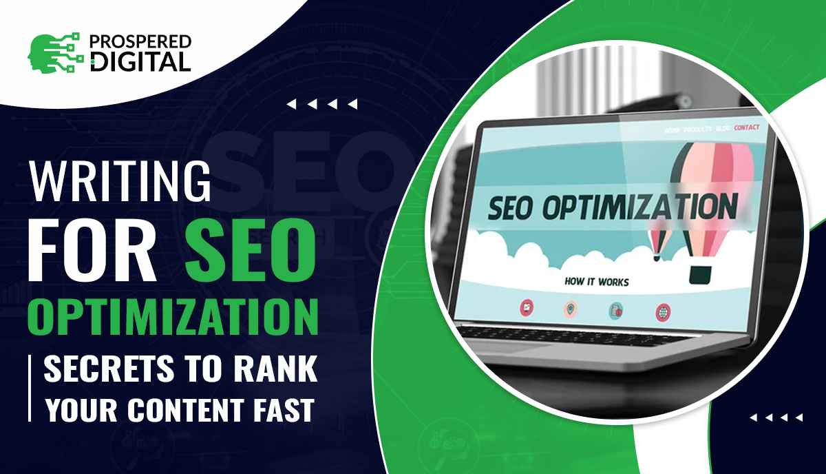 Writing For SEO Optimization Secrets To Rank Your Content Fast and a close-up of a laptop.