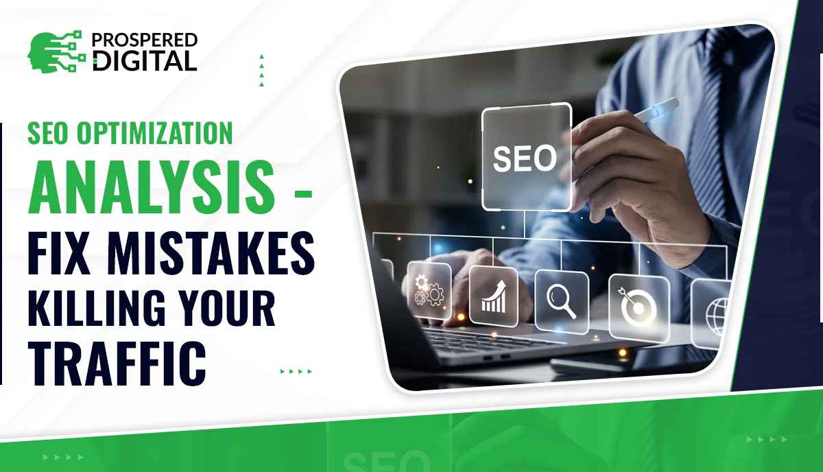 SEO optimization analysis with icons and text displayed.